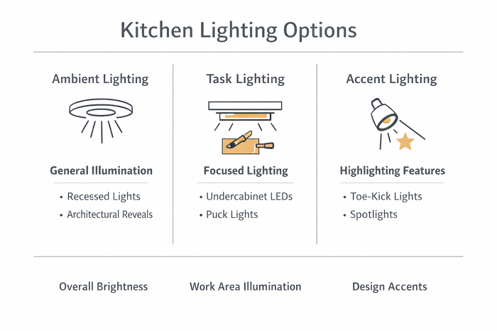 Kitchen lighting diagram showing ceiling, pendant and cabinet lighting options