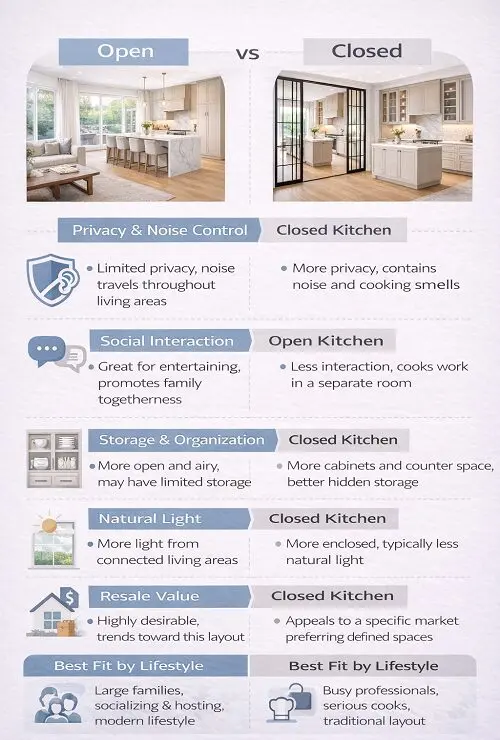 Open, closed and hybrid kitchen layout design examples